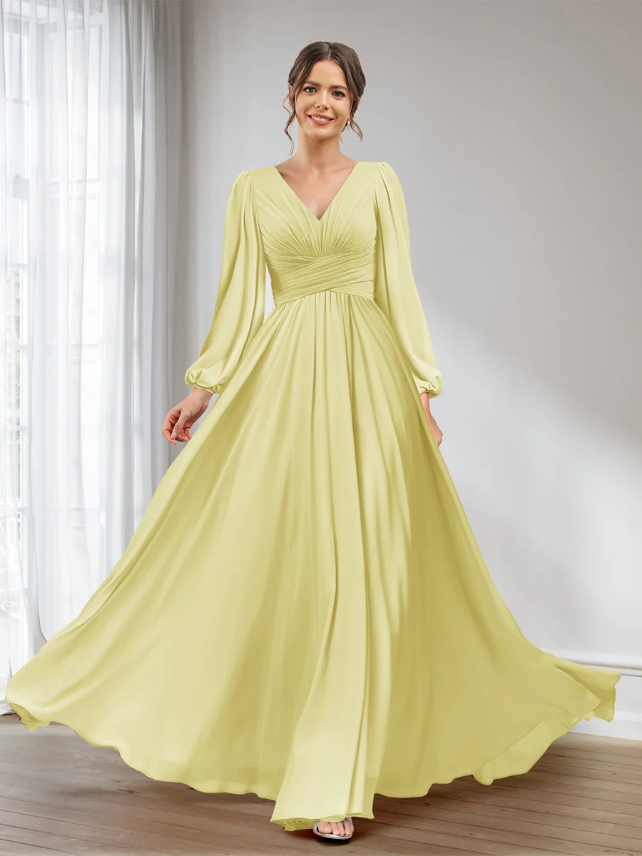 A-Line/Princess V-Neck Long Sleeves Chiffon Long Bridesmaid Dresses With Pockets - Image 64