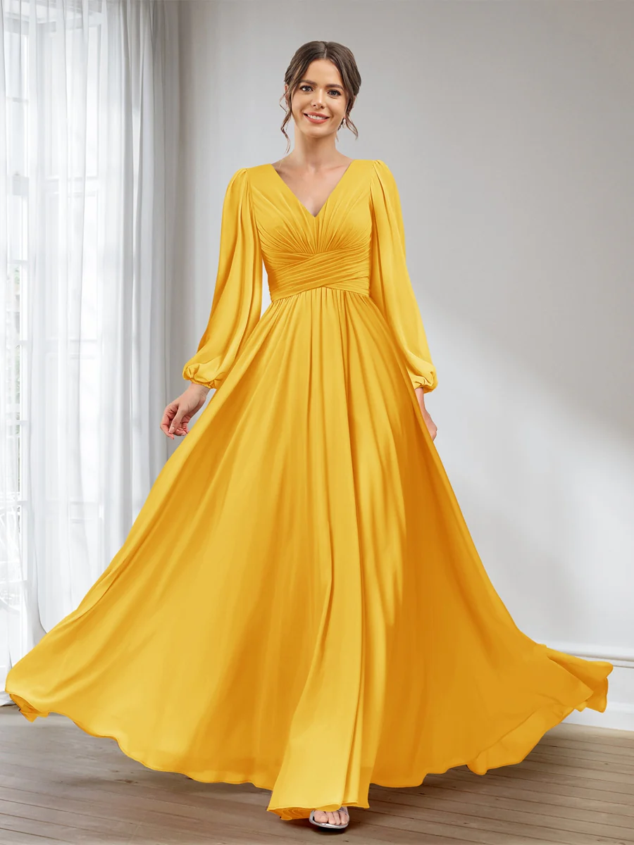 A-Line/Princess V-Neck Long Sleeves Chiffon Long Bridesmaid Dresses With Pockets - Image 66