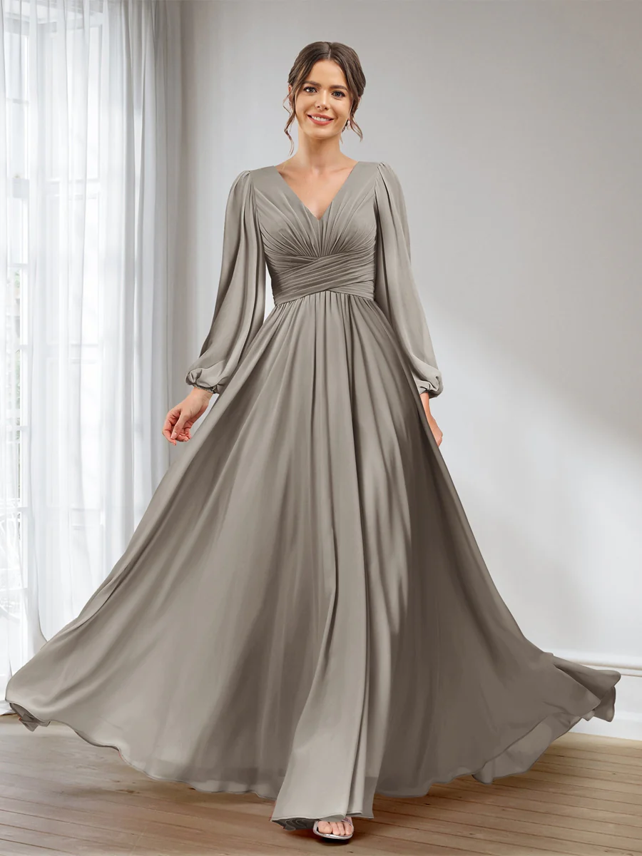 A-Line/Princess V-Neck Long Sleeves Chiffon Long Bridesmaid Dresses With Pockets - Image 68