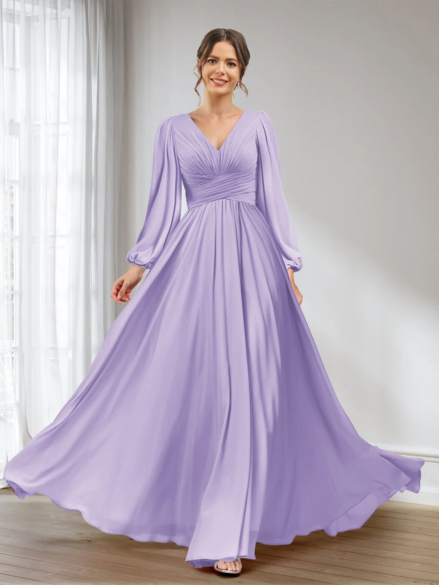 A-Line/Princess V-Neck Long Sleeves Chiffon Long Bridesmaid Dresses With Pockets - Image 9