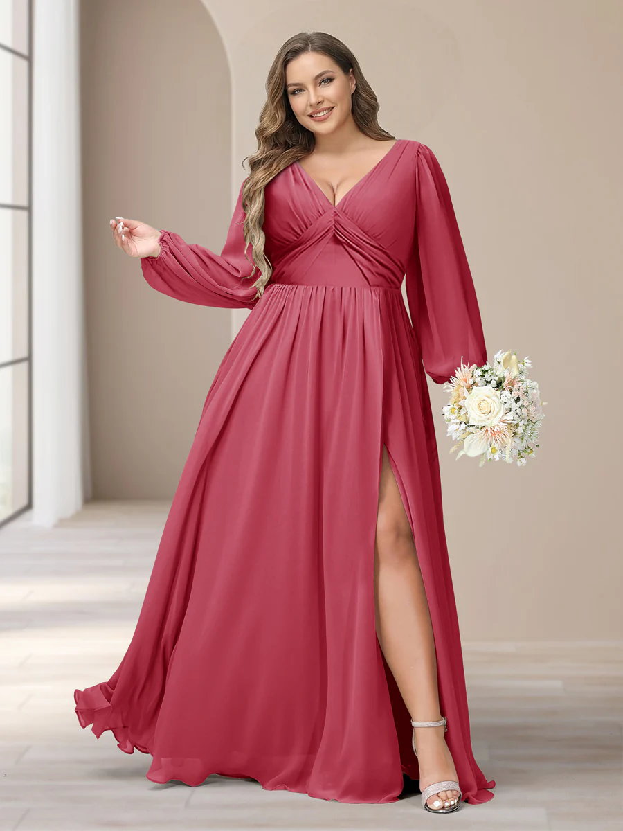 A-Line/Princess V-Neck Long Sleeves Chiffon Long Plus Size Bridesmaid Dresses With Split Side - Image 28