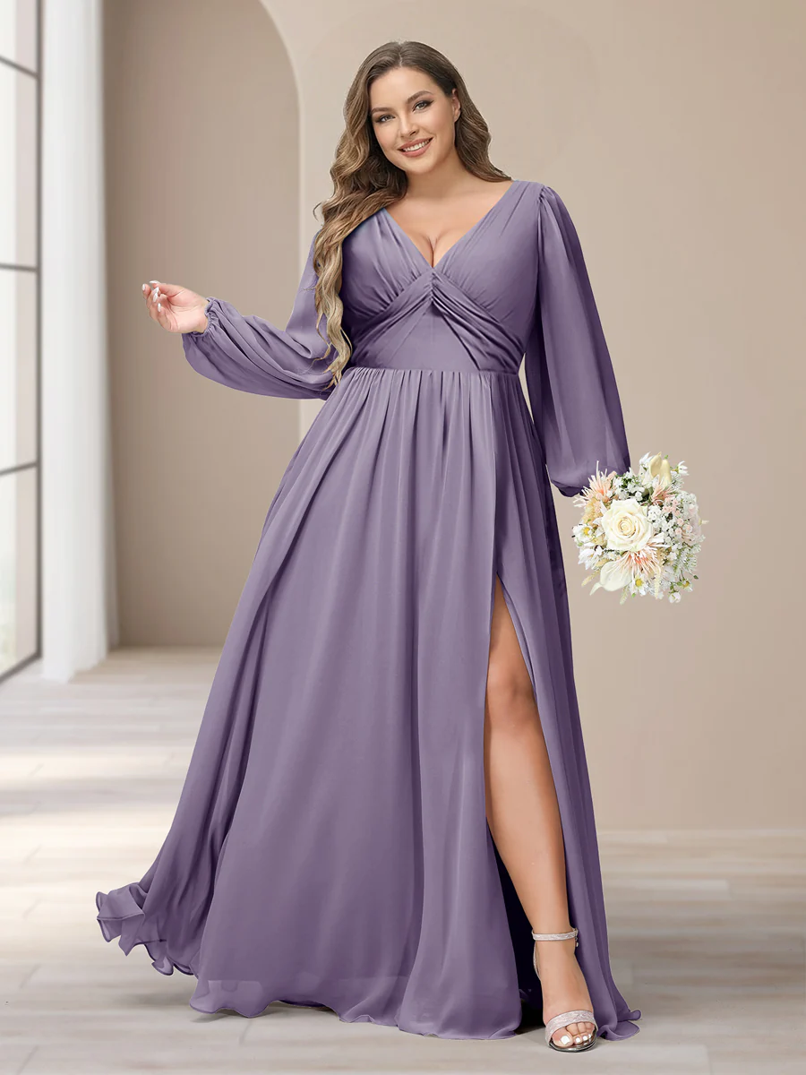 A-Line/Princess V-Neck Long Sleeves Chiffon Long Plus Size Bridesmaid Dresses With Split Side - Image 34
