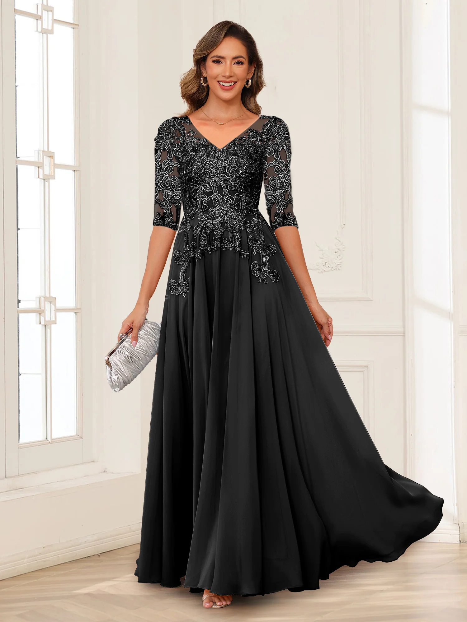 A-Line/Princess V-Neck Long Sleeves Chiffon Mother of the Bride Dresses with Applique - Image 4