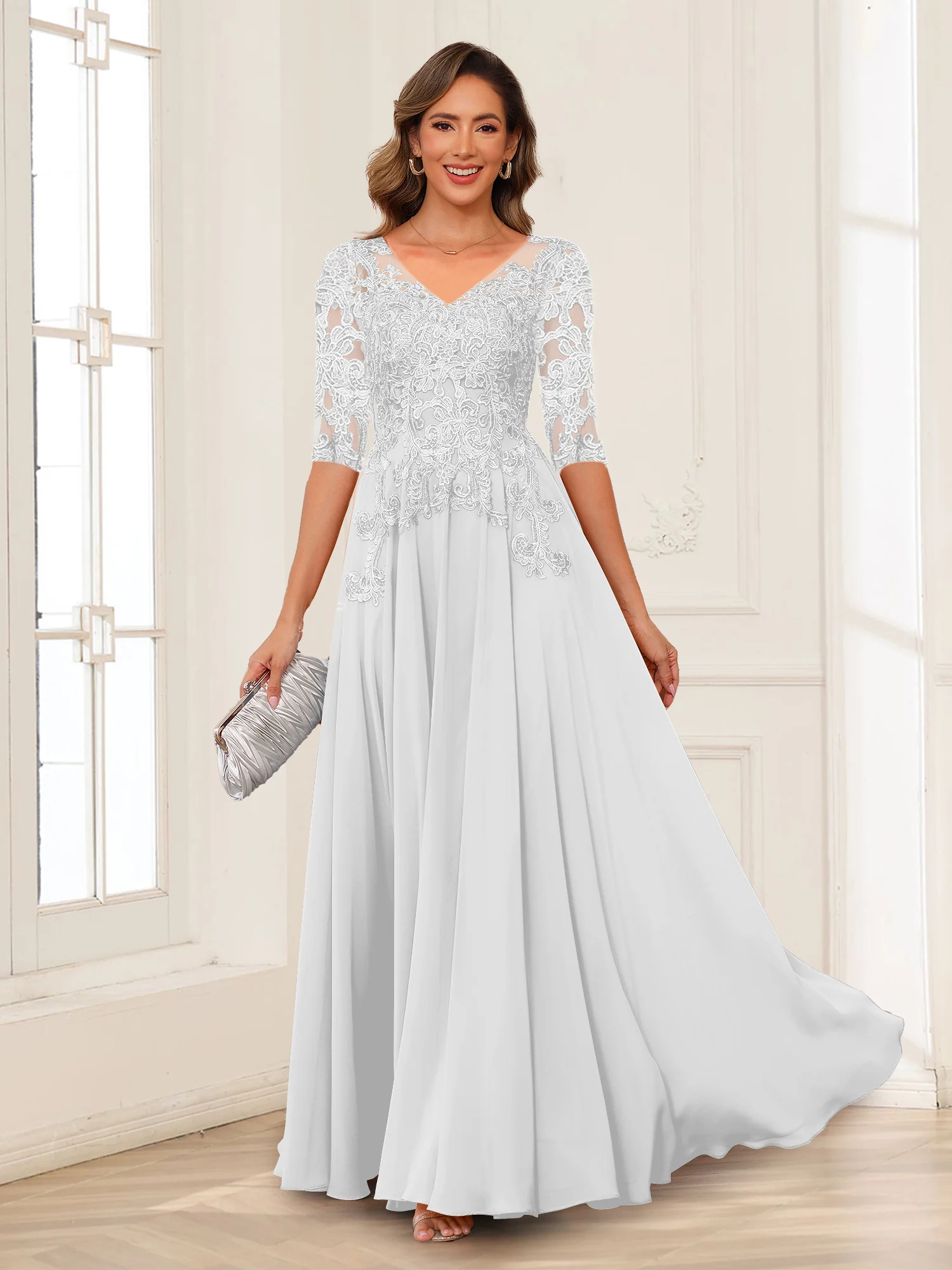 A-Line/Princess V-Neck Long Sleeves Chiffon Mother of the Bride Dresses with Applique - Image 44