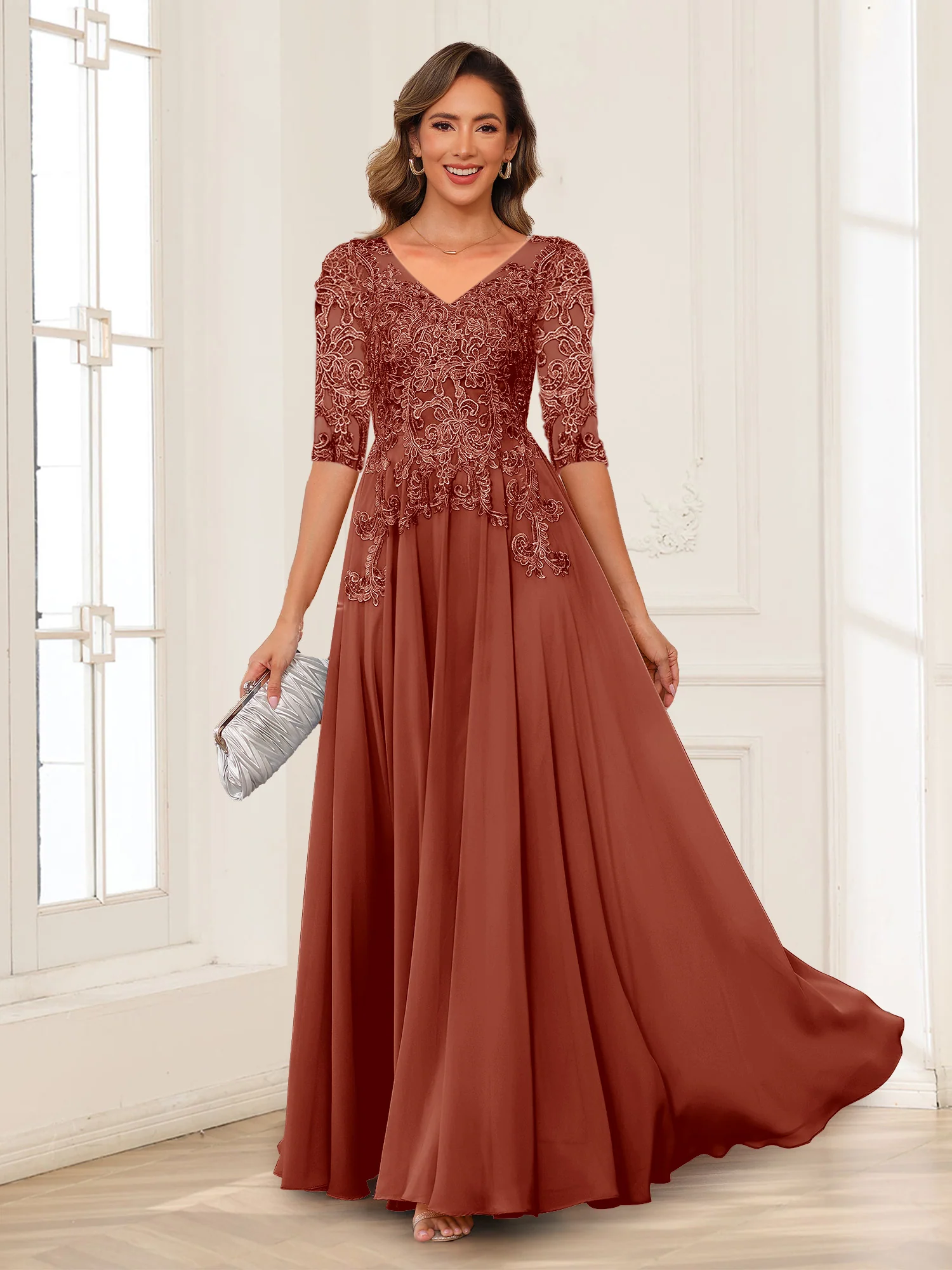 A-Line/Princess V-Neck Long Sleeves Chiffon Mother of the Bride Dresses with Applique - Image 56