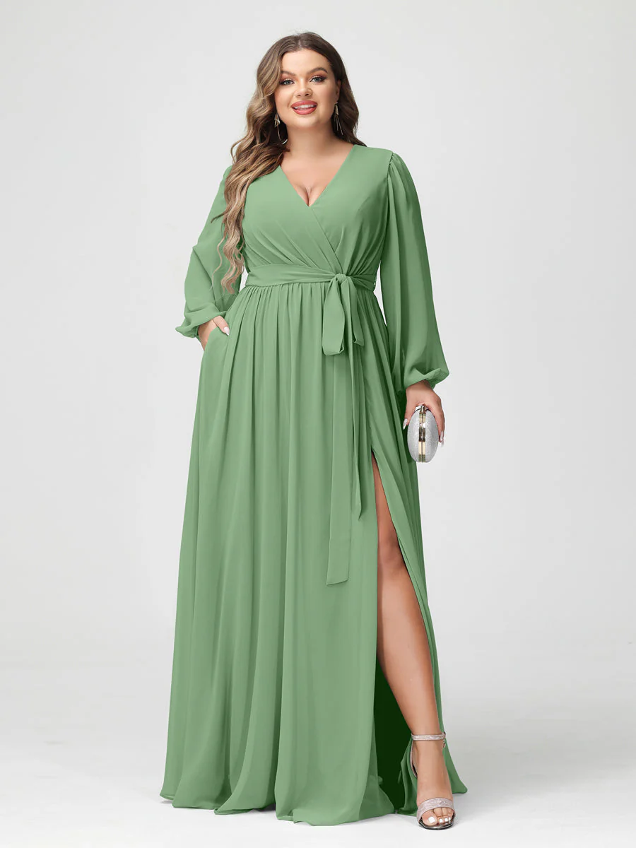 A-Line/Princess V-Neck Long Sleeves Chiffon Plus Size Bridesmaid Dresses with Pockets - Image 16