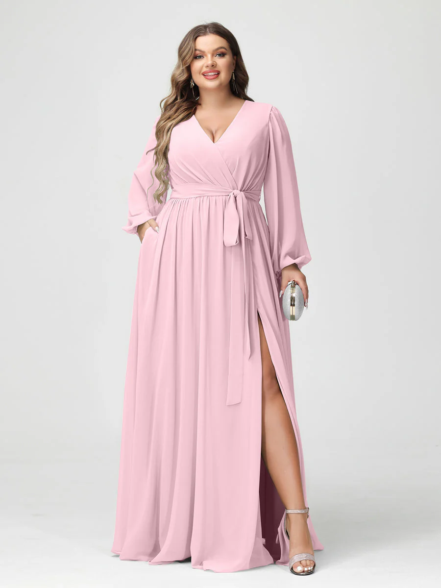 A-Line/Princess V-Neck Long Sleeves Chiffon Plus Size Bridesmaid Dresses with Pockets - Image 25