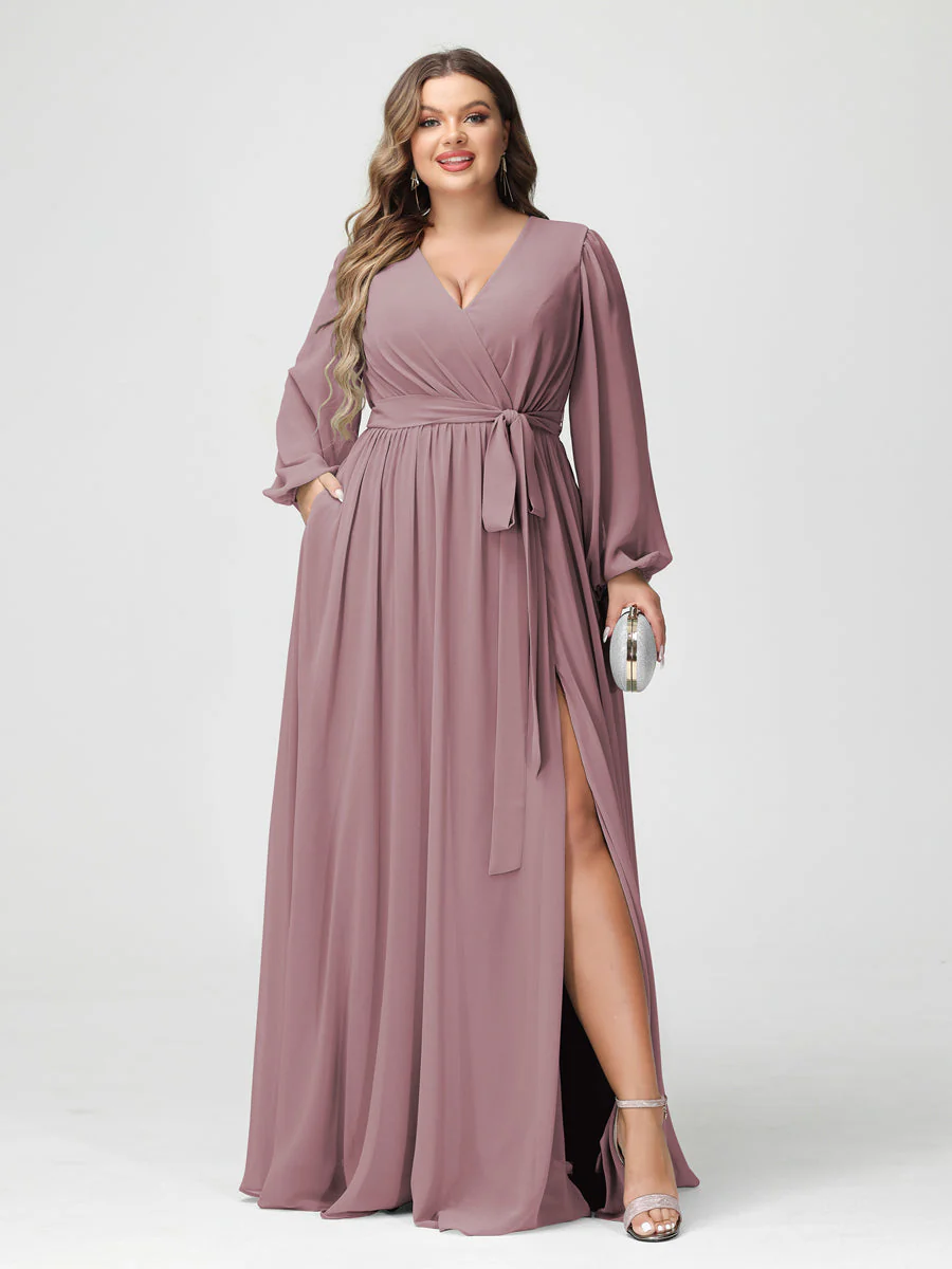 A-Line/Princess V-Neck Long Sleeves Chiffon Plus Size Bridesmaid Dresses with Pockets - Image 31