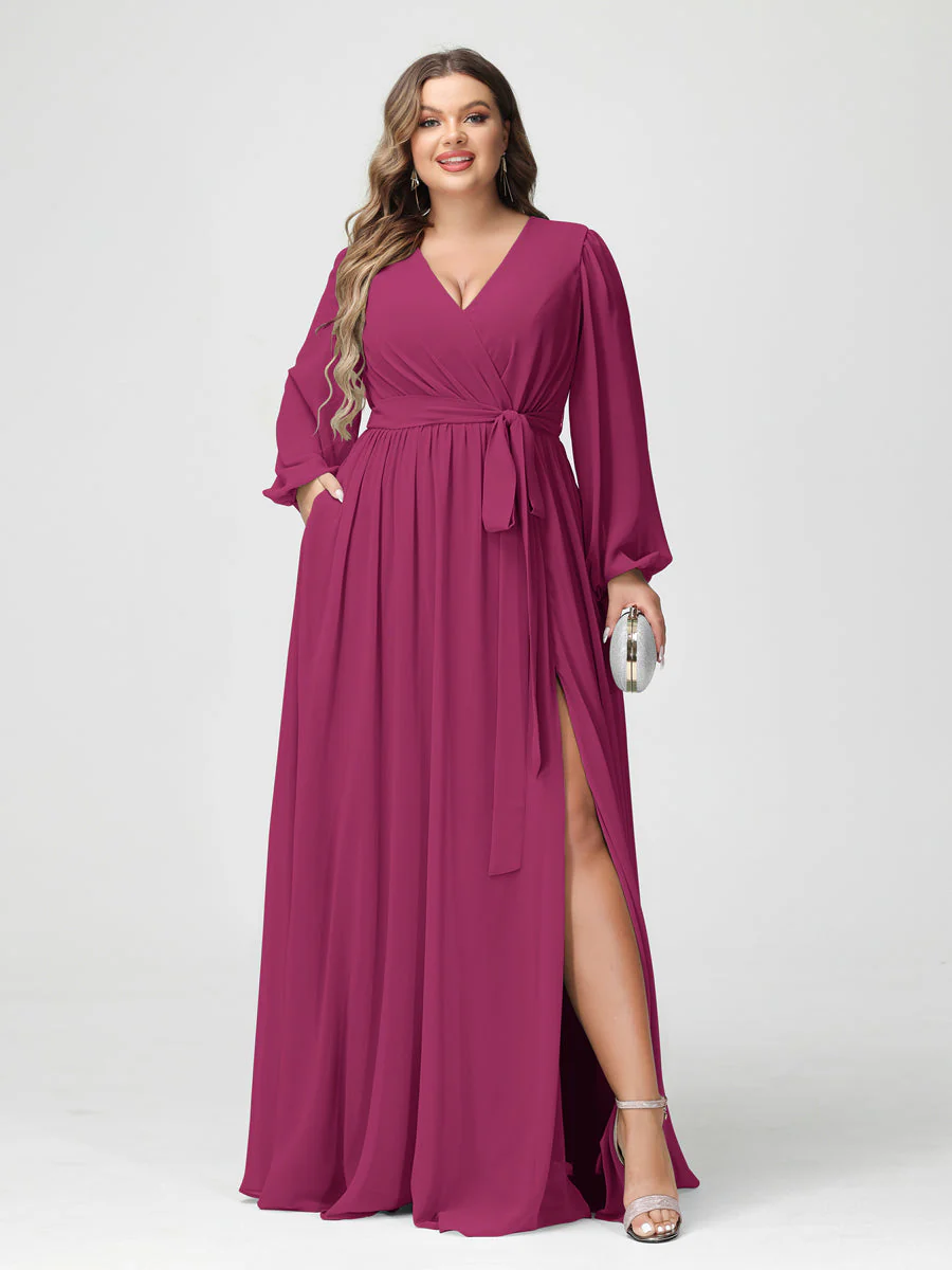 A-Line/Princess V-Neck Long Sleeves Chiffon Plus Size Bridesmaid Dresses with Pockets - Image 35