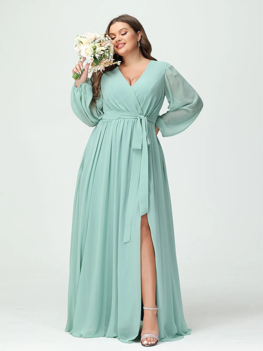 A-Line/Princess V-Neck Long Sleeves Chiffon Plus Size Bridesmaid Dresses with Pockets - Image 4