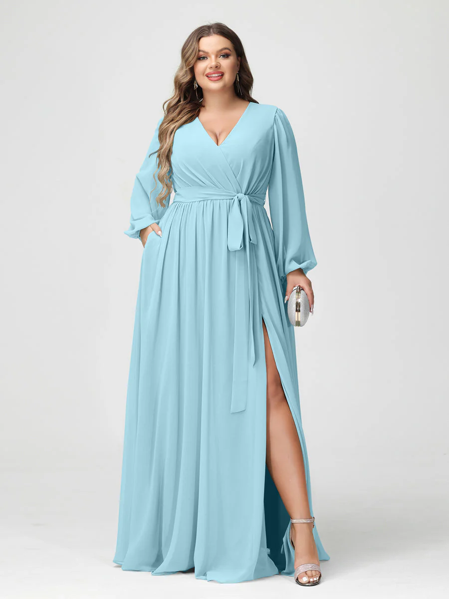 A-Line/Princess V-Neck Long Sleeves Chiffon Plus Size Bridesmaid Dresses with Pockets - Image 49