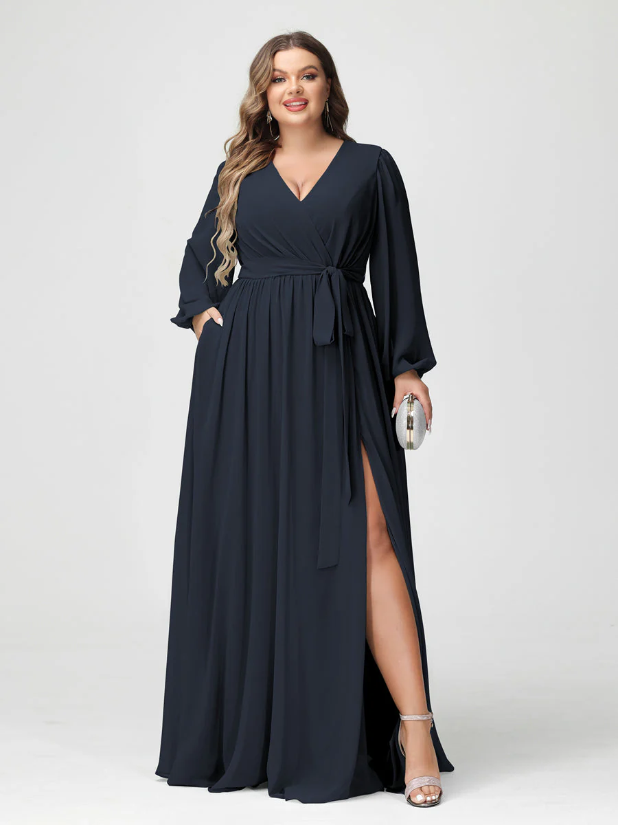 A-Line/Princess V-Neck Long Sleeves Chiffon Plus Size Bridesmaid Dresses with Pockets - Image 59