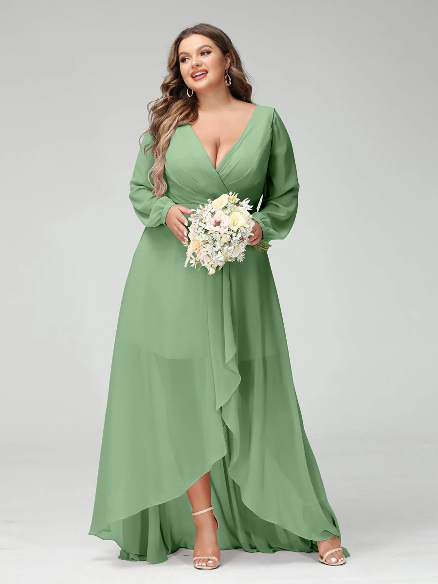 A-Line/Princess V-Neck Long Sleeves Chiffon Ruched Asymmetrical Plus Size Bridesmaid Dresses with Pockets - Image 15