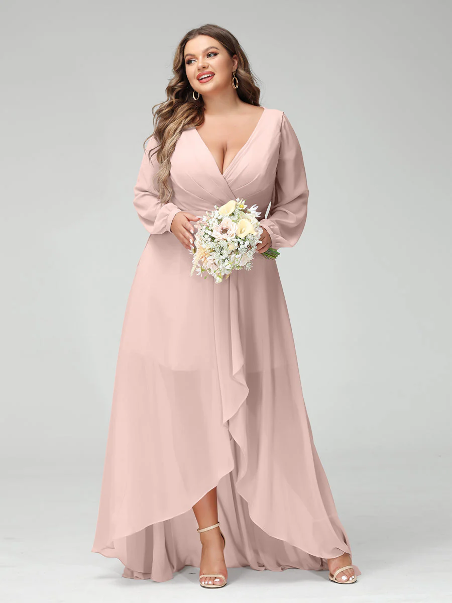 A-Line/Princess V-Neck Long Sleeves Chiffon Ruched Asymmetrical Plus Size Bridesmaid Dresses with Pockets - Image 25