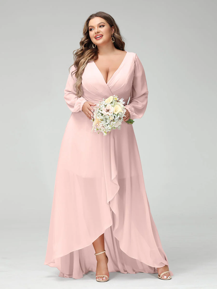A-Line/Princess V-Neck Long Sleeves Chiffon Ruched Asymmetrical Plus Size Bridesmaid Dresses with Pockets - Image 26
