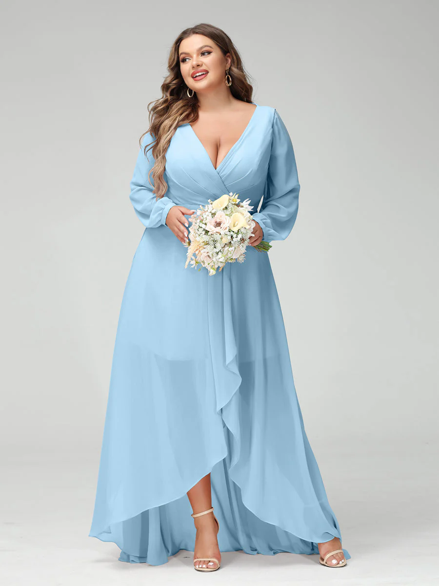 A-Line/Princess V-Neck Long Sleeves Chiffon Ruched Asymmetrical Plus Size Bridesmaid Dresses with Pockets - Image 49