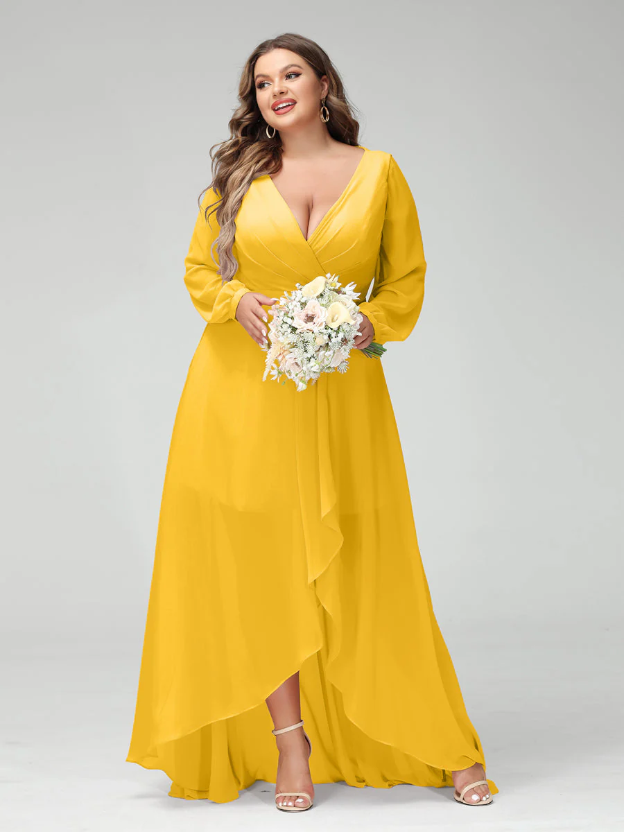 A-Line/Princess V-Neck Long Sleeves Chiffon Ruched Asymmetrical Plus Size Bridesmaid Dresses with Pockets - Image 70