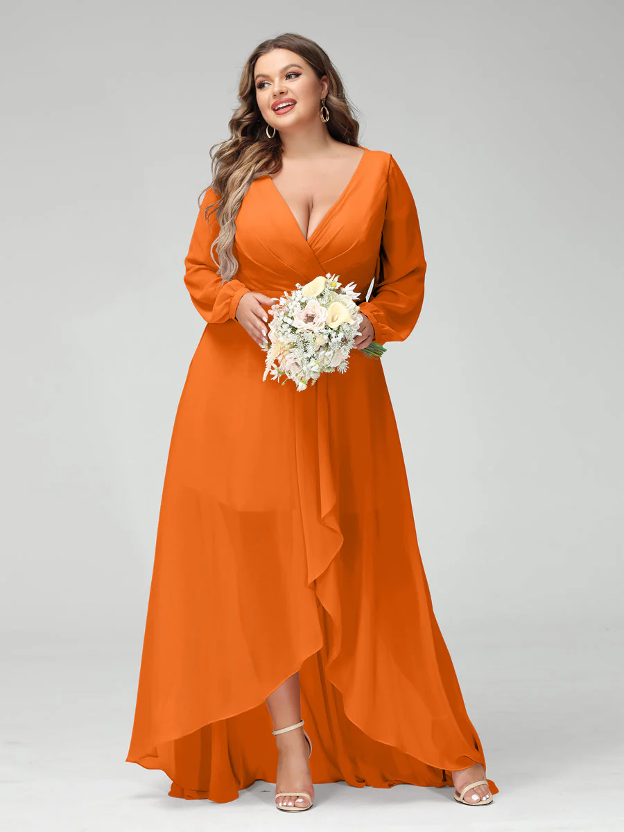 A-Line/Princess V-Neck Long Sleeves Chiffon Ruched Asymmetrical Plus Size Bridesmaid Dresses with Pockets - Image 71