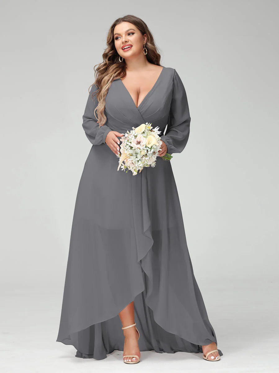 A-Line/Princess V-Neck Long Sleeves Chiffon Ruched Asymmetrical Plus Size Bridesmaid Dresses with Pockets - Image 74