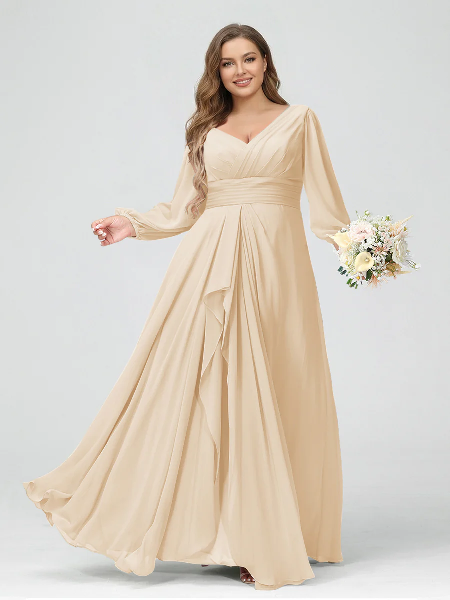 A-Line/Princess V-Neck Long Sleeves Chiffon Ruffles Plus Size Bridesmaid Dresses with Pockets - Image 18