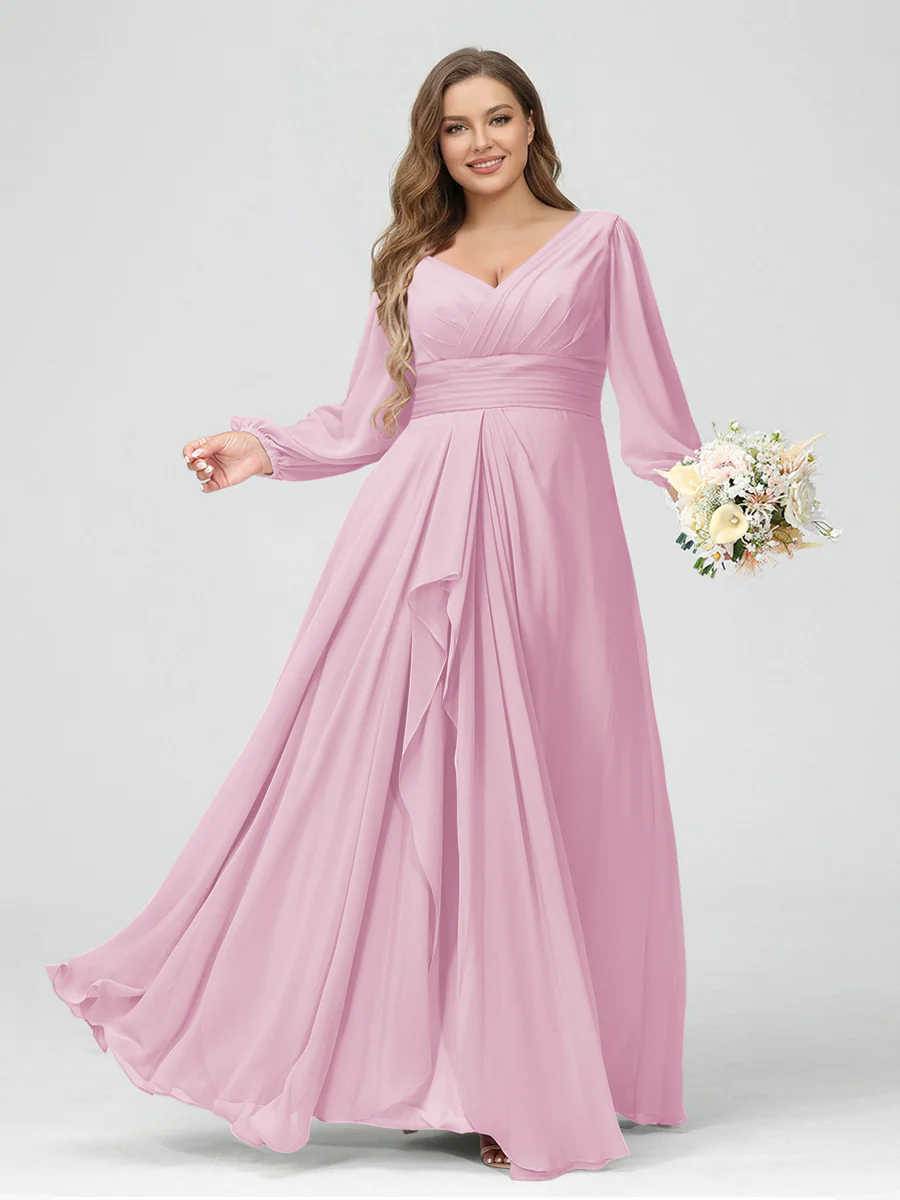 A-Line/Princess V-Neck Long Sleeves Chiffon Ruffles Plus Size Bridesmaid Dresses with Pockets - Image 20