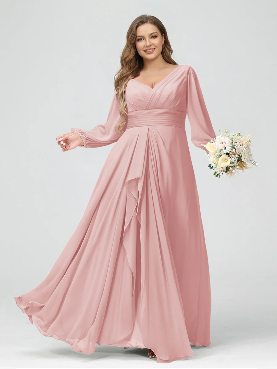 A-Line/Princess V-Neck Long Sleeves Chiffon Ruffles Plus Size Bridesmaid Dresses with Pockets - Image 21