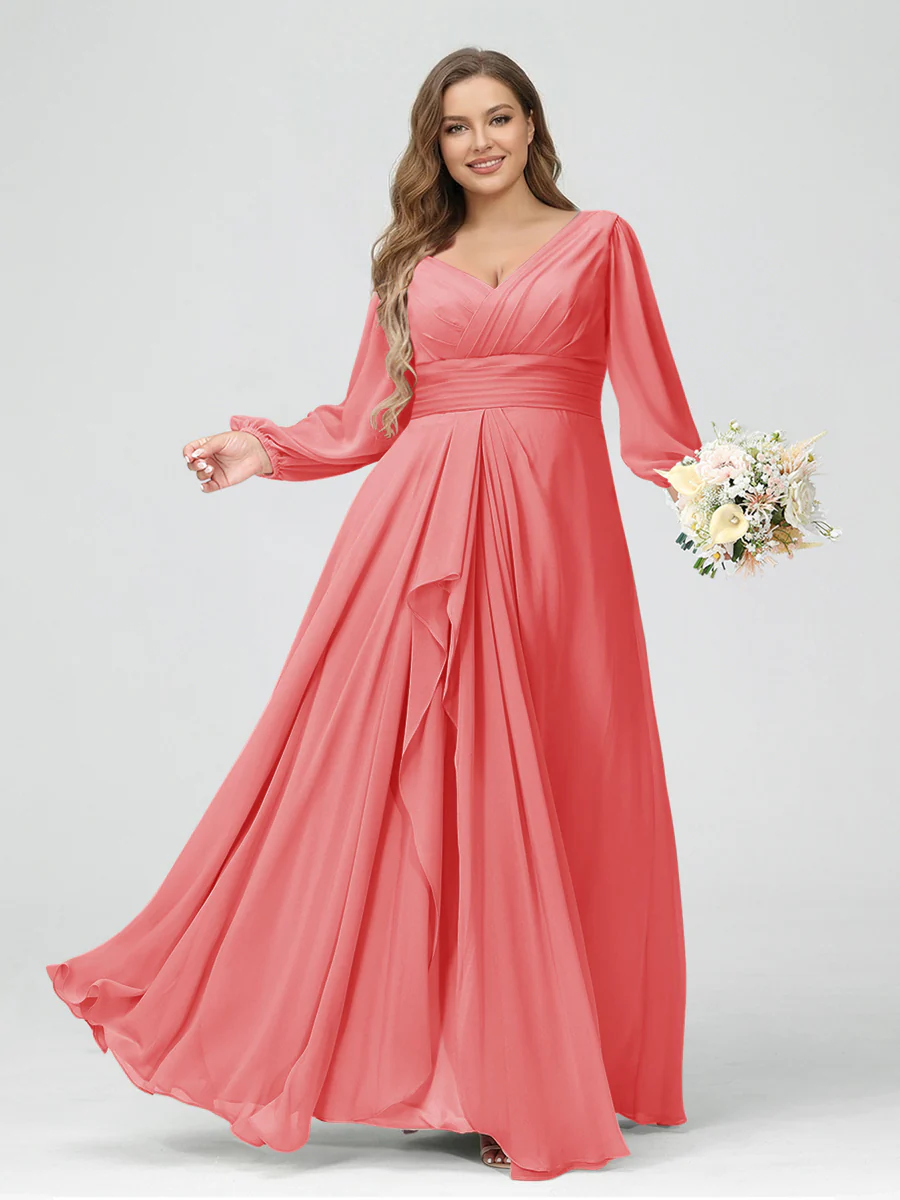 A-Line/Princess V-Neck Long Sleeves Chiffon Ruffles Plus Size Bridesmaid Dresses with Pockets - Image 27