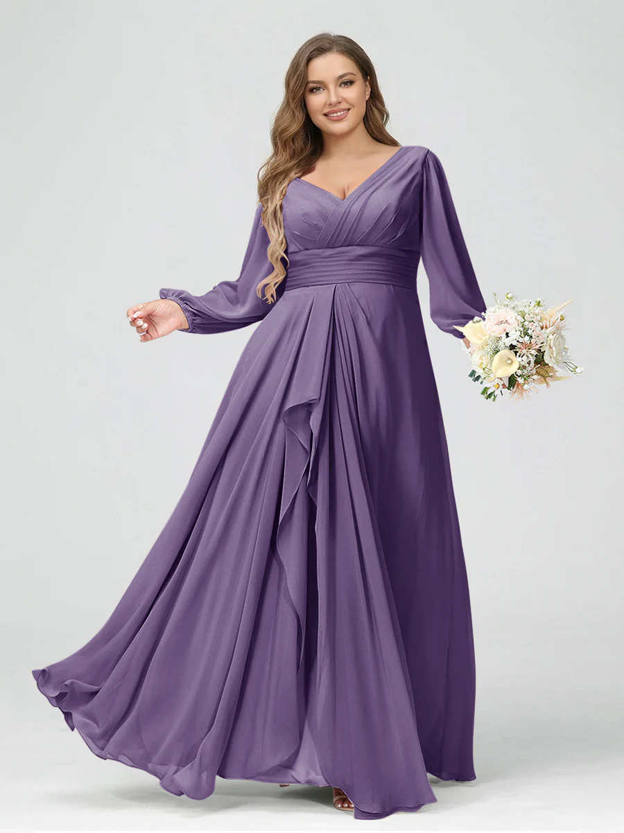 A-Line/Princess V-Neck Long Sleeves Chiffon Ruffles Plus Size Bridesmaid Dresses with Pockets - Image 35