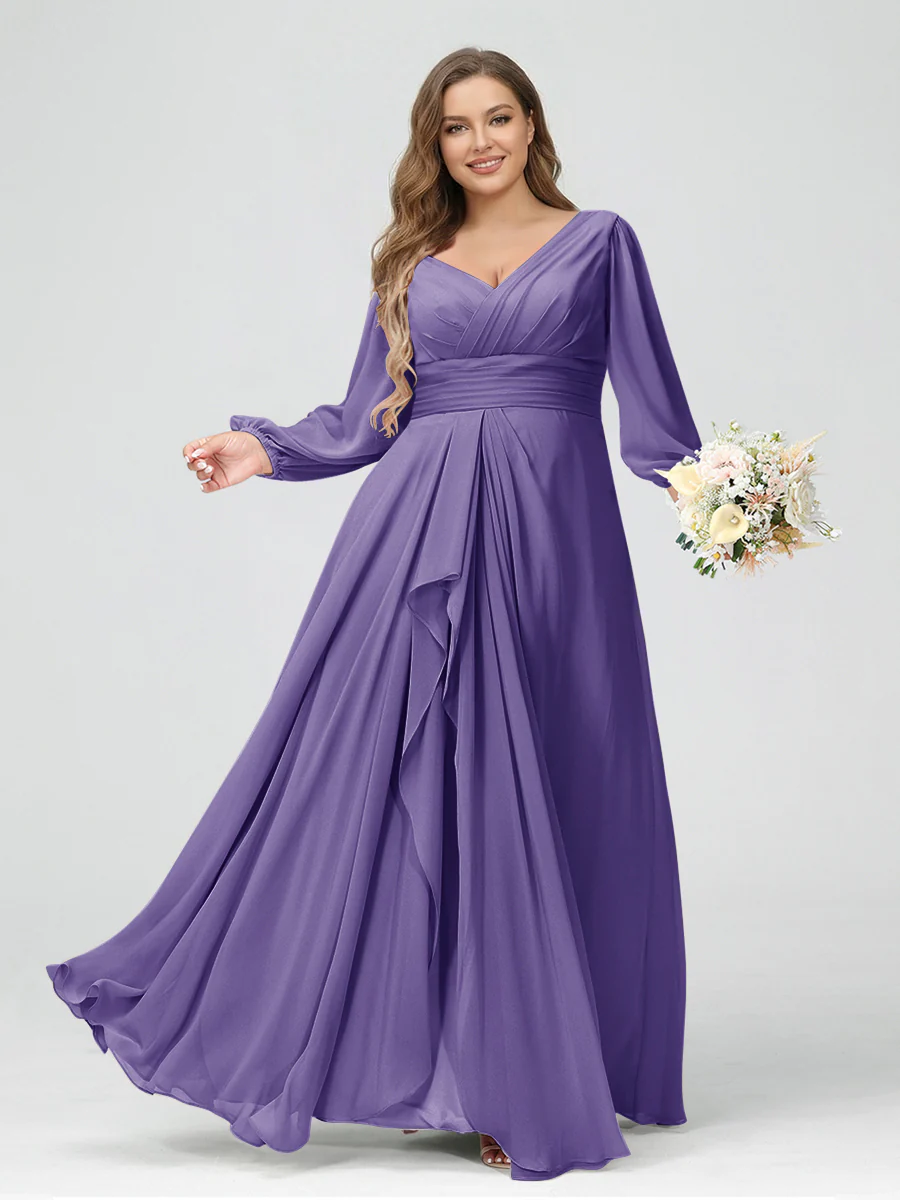 A-Line/Princess V-Neck Long Sleeves Chiffon Ruffles Plus Size Bridesmaid Dresses with Pockets - Image 36