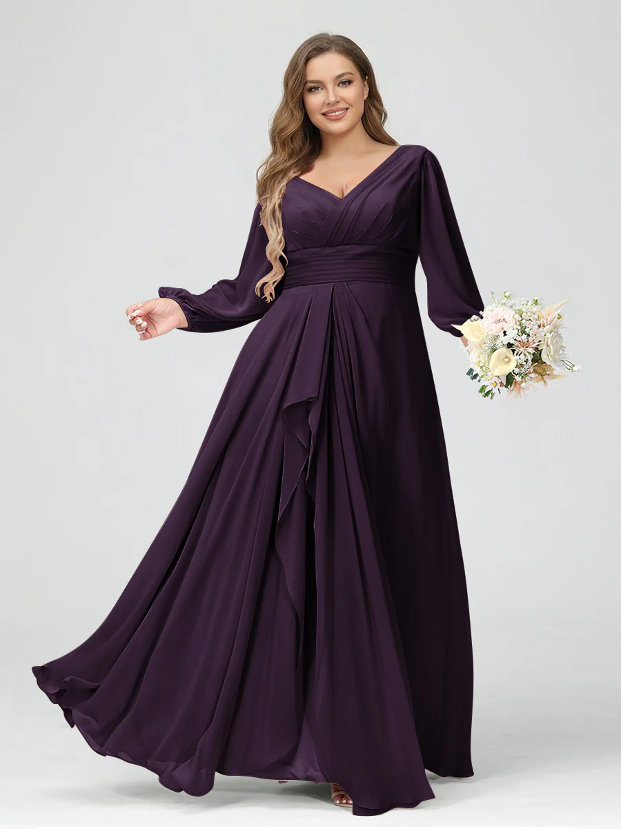 A-Line/Princess V-Neck Long Sleeves Chiffon Ruffles Plus Size Bridesmaid Dresses with Pockets - Image 41