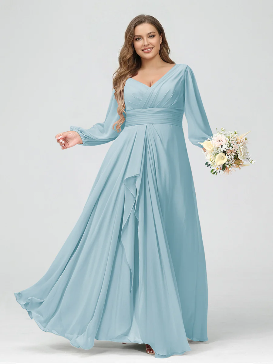 A-Line/Princess V-Neck Long Sleeves Chiffon Ruffles Plus Size Bridesmaid Dresses with Pockets - Image 42