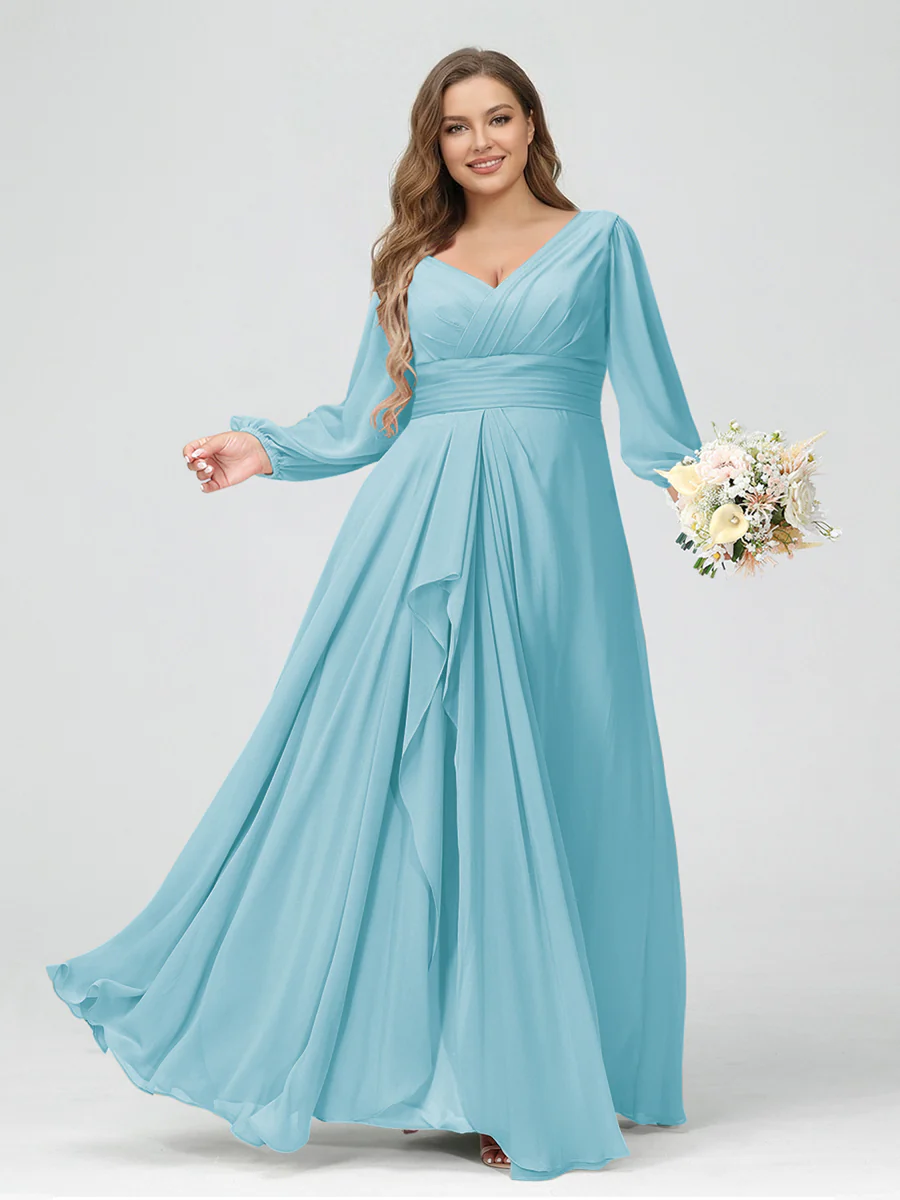 A-Line/Princess V-Neck Long Sleeves Chiffon Ruffles Plus Size Bridesmaid Dresses with Pockets - Image 44