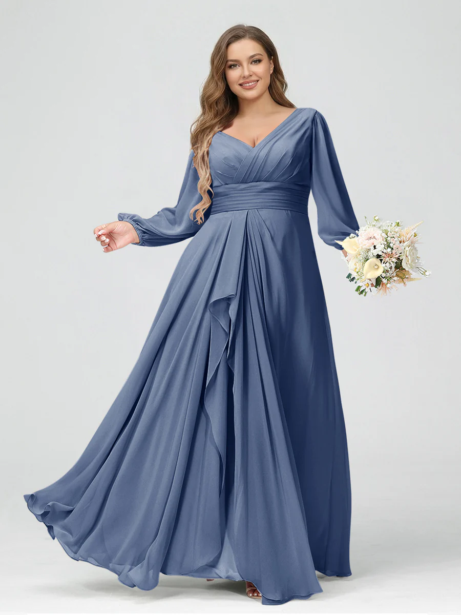 A-Line/Princess V-Neck Long Sleeves Chiffon Ruffles Plus Size Bridesmaid Dresses with Pockets - Image 46