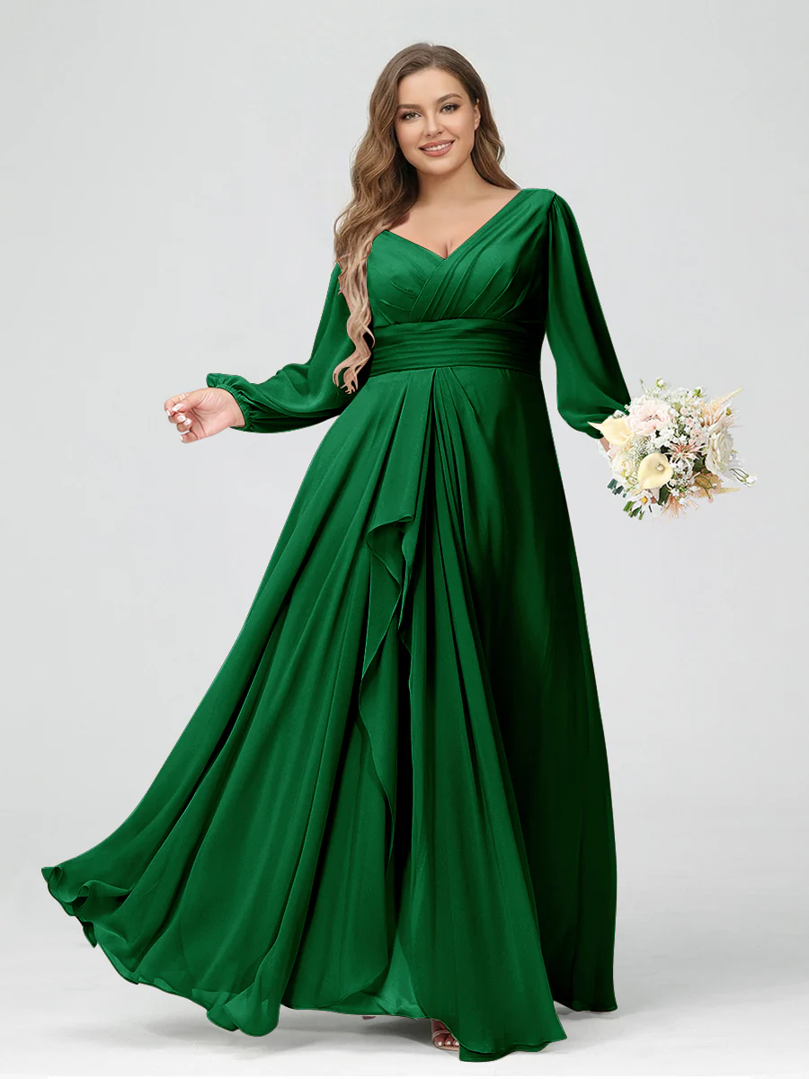 A-Line/Princess V-Neck Long Sleeves Chiffon Ruffles Plus Size Bridesmaid Dresses with Pockets - Image 59