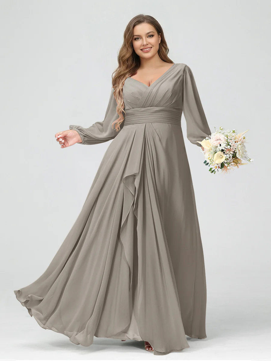 A-Line/Princess V-Neck Long Sleeves Chiffon Ruffles Plus Size Bridesmaid Dresses with Pockets - Image 68
