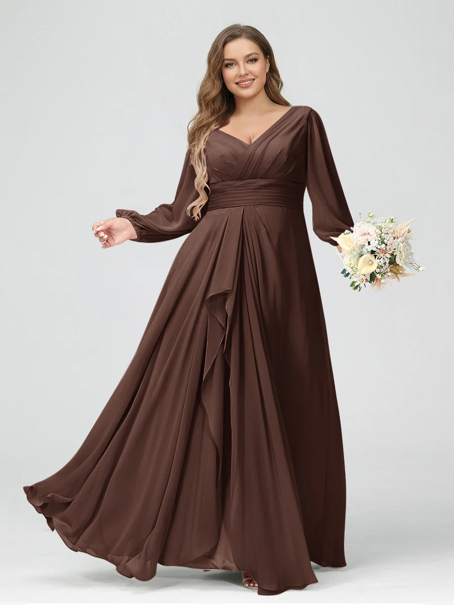 A-Line/Princess V-Neck Long Sleeves Chiffon Ruffles Plus Size Bridesmaid Dresses with Pockets - Image 70