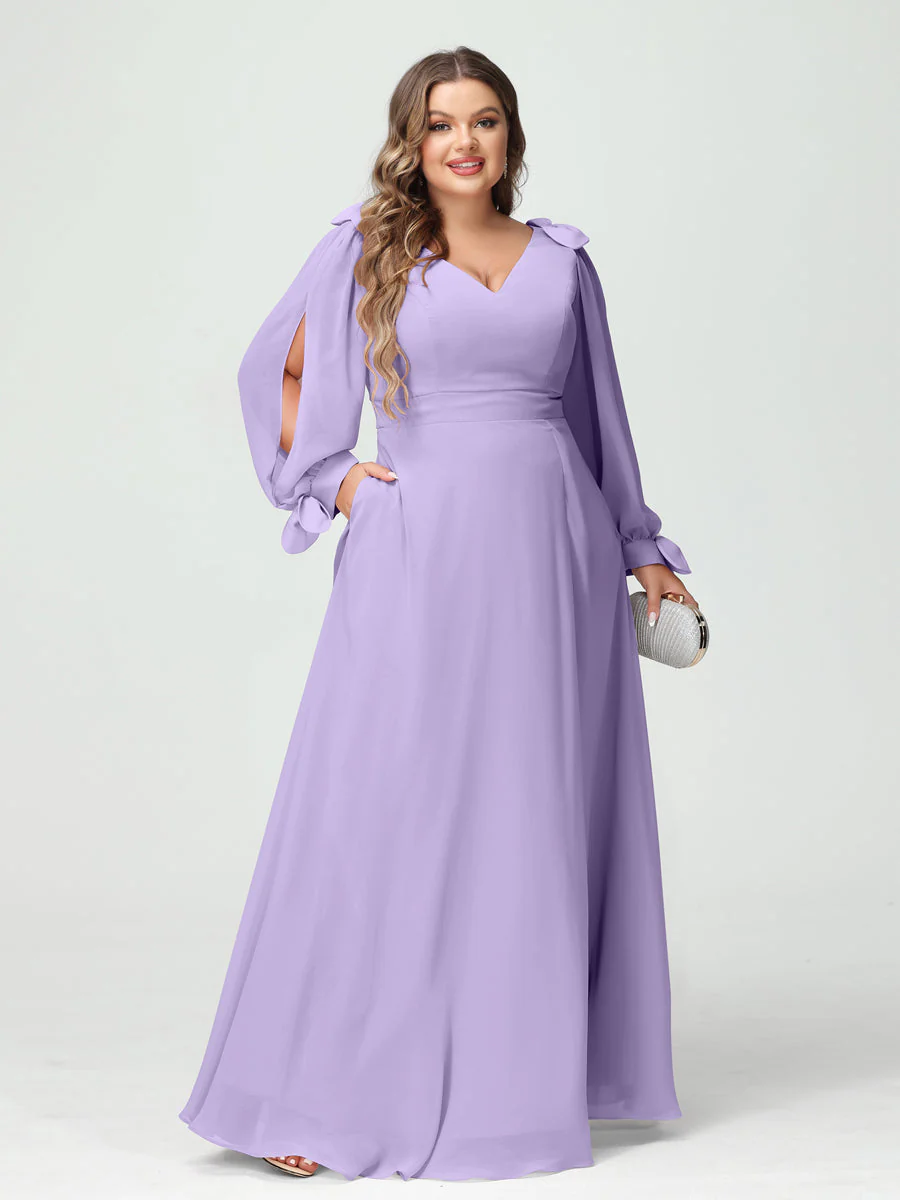 A-Line/Princess V-Neck Long Sleeves Chiffon Split Side Plus Size Bridesmaid Dresses with Pockets - Image 13
