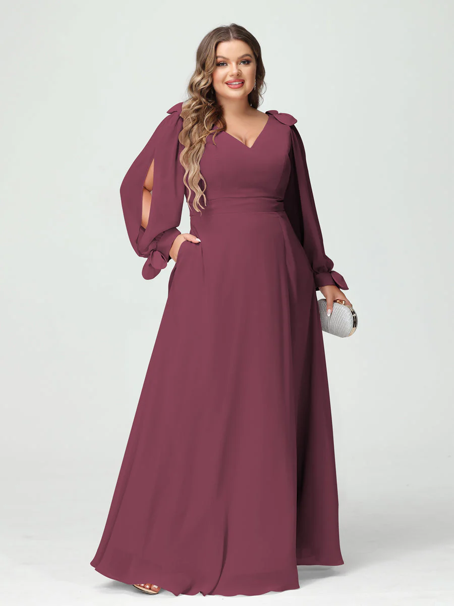 A-Line/Princess V-Neck Long Sleeves Chiffon Split Side Plus Size Bridesmaid Dresses with Pockets - Image 42