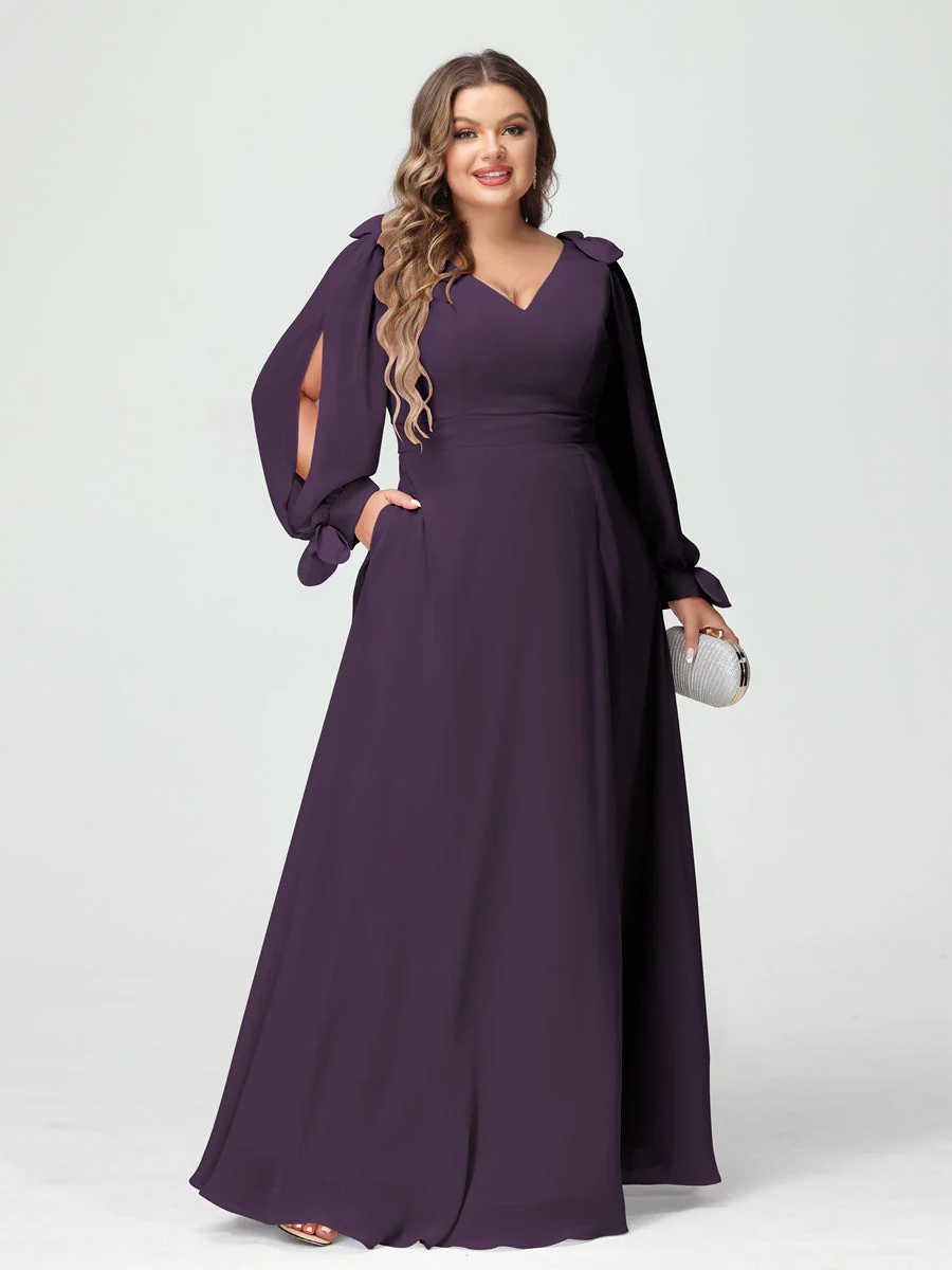 A-Line/Princess V-Neck Long Sleeves Chiffon Split Side Plus Size Bridesmaid Dresses with Pockets - Image 45