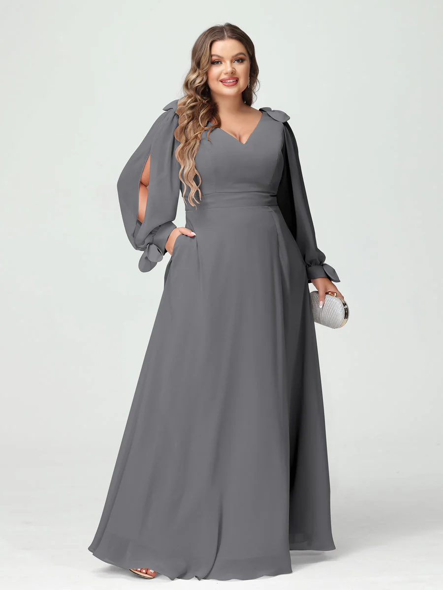A-Line/Princess V-Neck Long Sleeves Chiffon Split Side Plus Size Bridesmaid Dresses with Pockets - Image 74