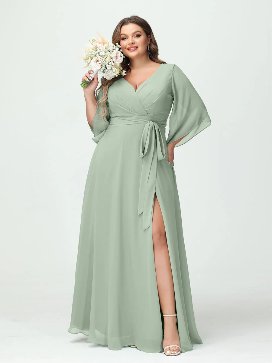 A-Line/Princess V-Neck Long Sleeves Chiffon Split Side Plus Size Bridesmaid Dresses With Pockets Belt - Image 10