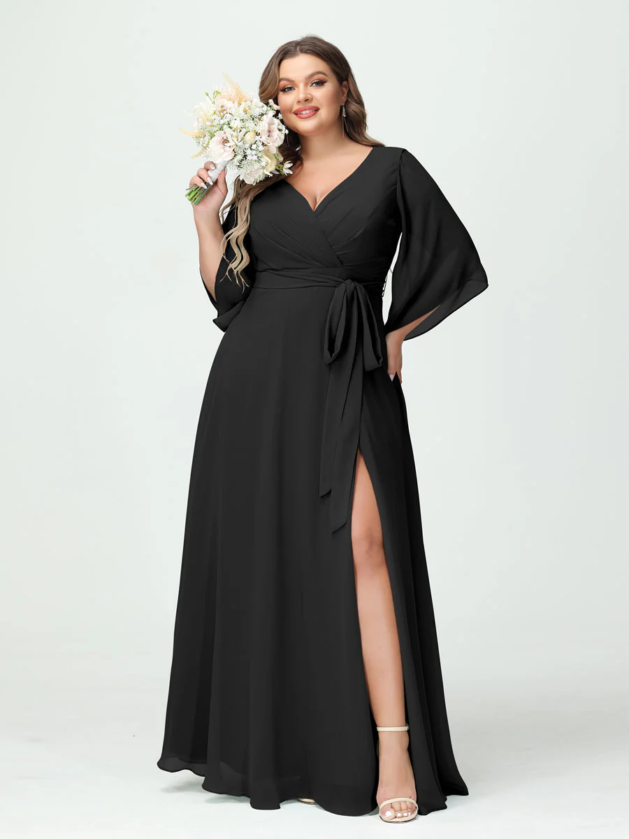 A-Line/Princess V-Neck Long Sleeves Chiffon Split Side Plus Size Bridesmaid Dresses With Pockets Belt - Image 18