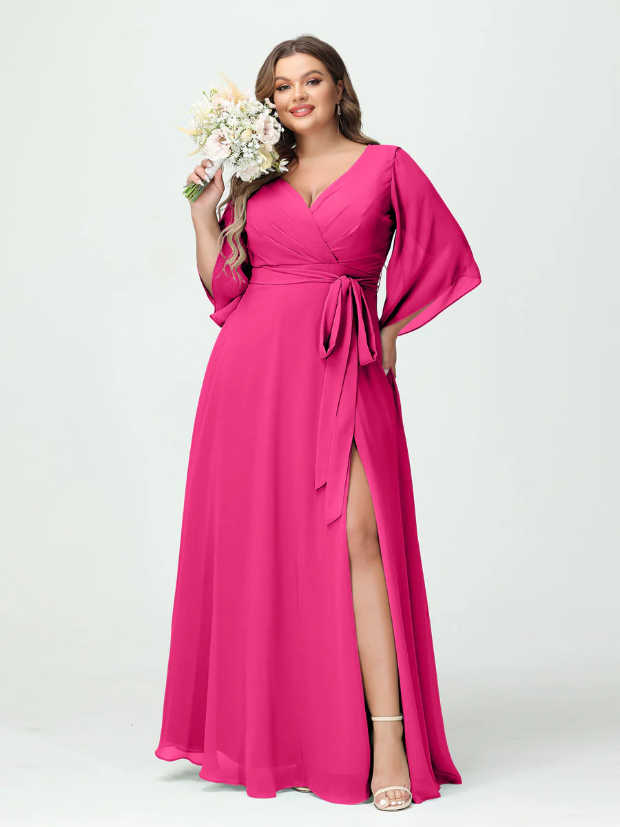 A-Line/Princess V-Neck Long Sleeves Chiffon Split Side Plus Size Bridesmaid Dresses With Pockets Belt - Image 33