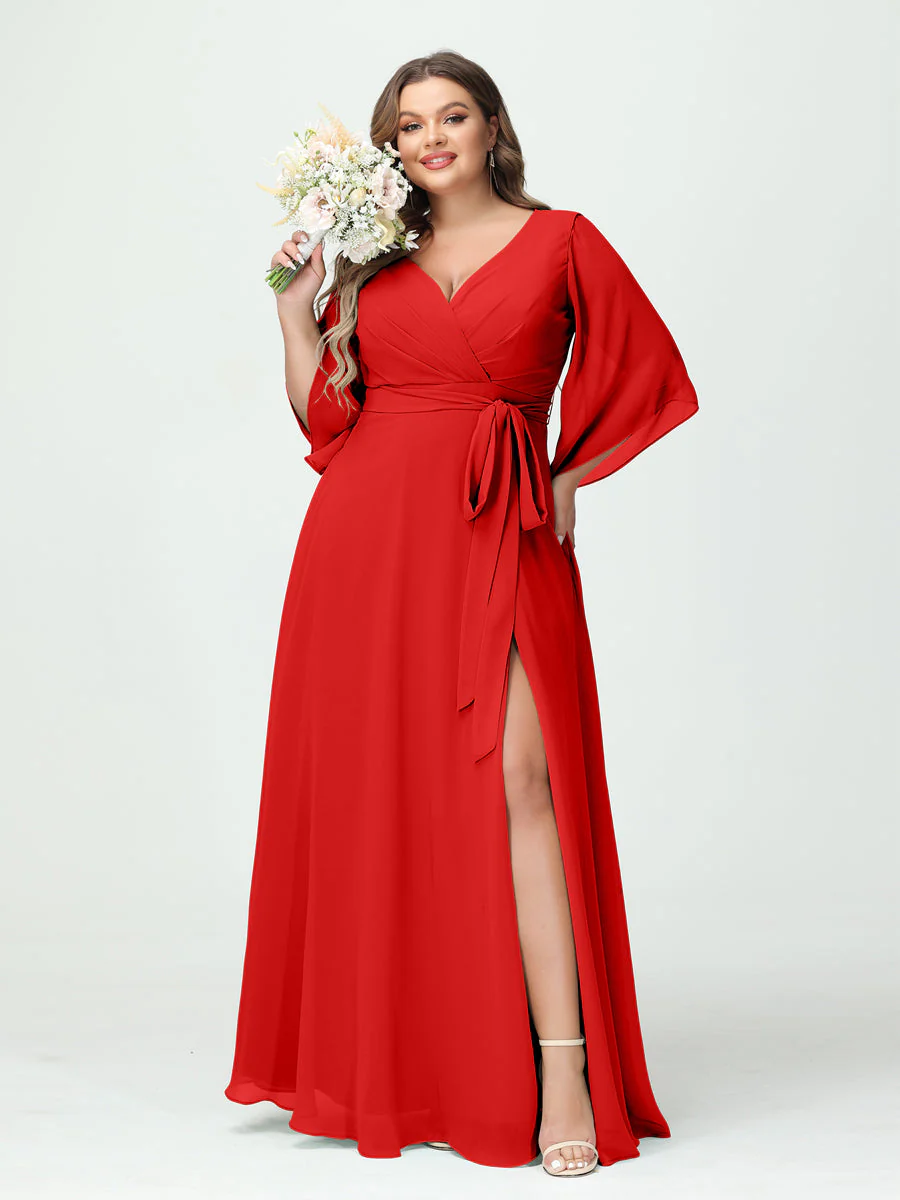 A-Line/Princess V-Neck Long Sleeves Chiffon Split Side Plus Size Bridesmaid Dresses With Pockets Belt - Image 36