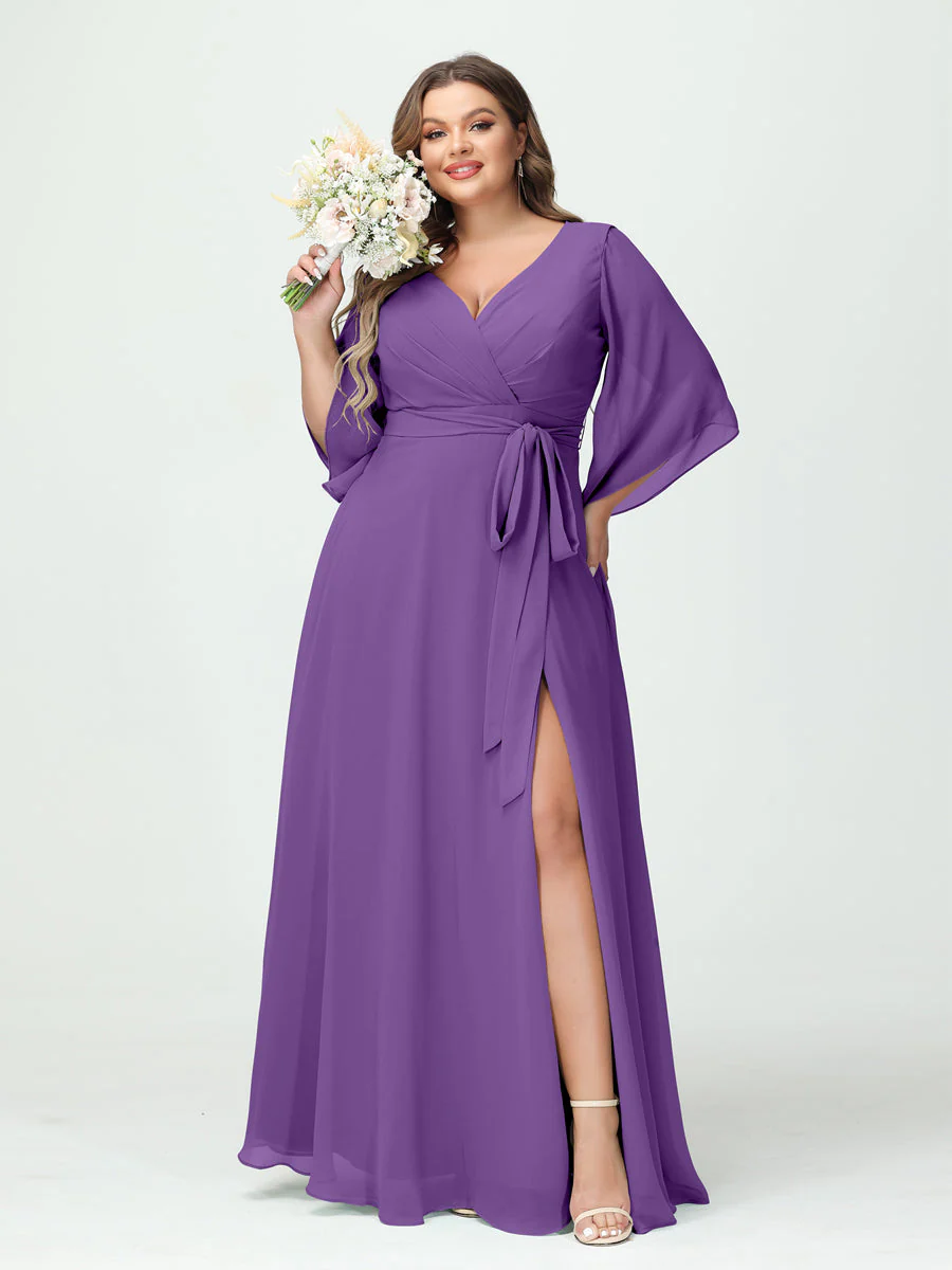 A-Line/Princess V-Neck Long Sleeves Chiffon Split Side Plus Size Bridesmaid Dresses With Pockets Belt - Image 42