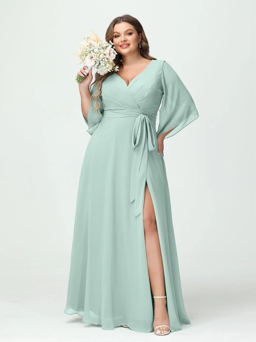 A-Line/Princess V-Neck Long Sleeves Chiffon Split Side Plus Size Bridesmaid Dresses With Pockets Belt - Image 60