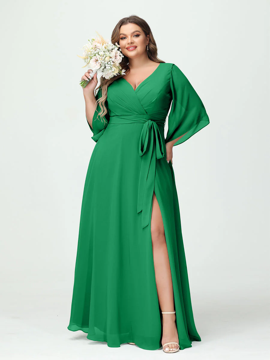 A-Line/Princess V-Neck Long Sleeves Chiffon Split Side Plus Size Bridesmaid Dresses With Pockets Belt - Image 64