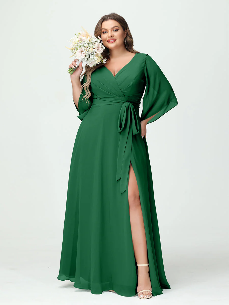 A-Line/Princess V-Neck Long Sleeves Chiffon Split Side Plus Size Bridesmaid Dresses With Pockets Belt - Image 67