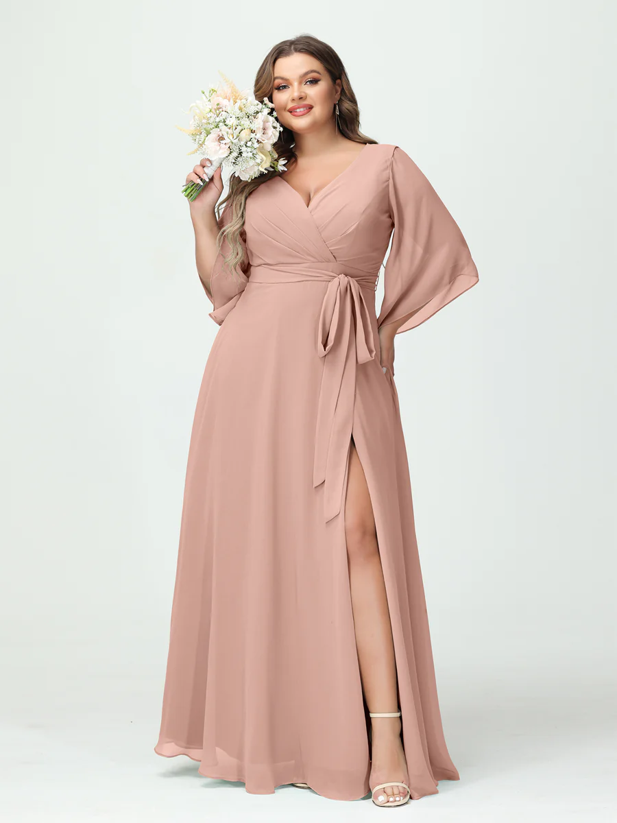 A-Line/Princess V-Neck Long Sleeves Chiffon Split Side Plus Size Bridesmaid Dresses With Pockets Belt - Image 7