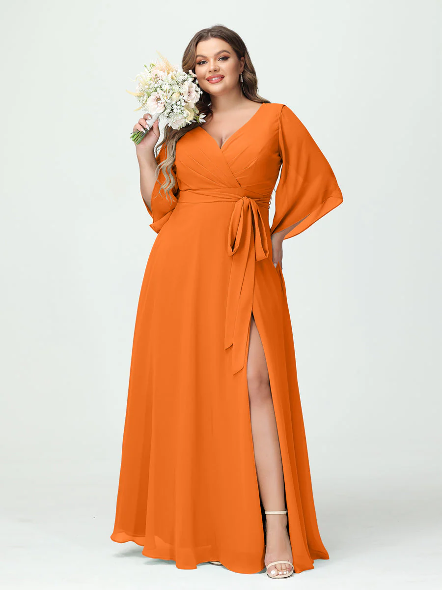 A-Line/Princess V-Neck Long Sleeves Chiffon Split Side Plus Size Bridesmaid Dresses With Pockets Belt - Image 72